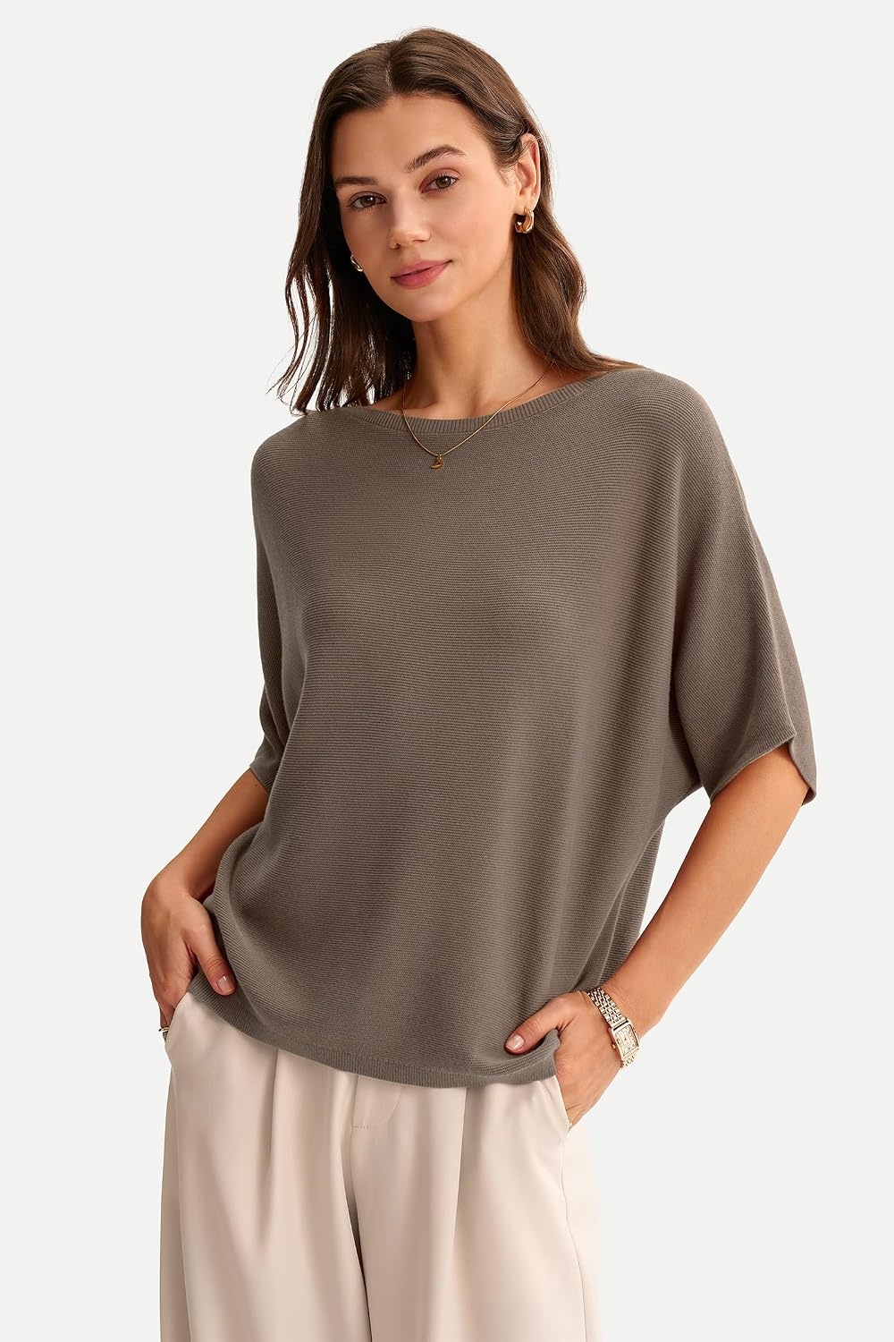 image:imageArachampCloz Womens Oversized Batwing Sleeve Business Casual Sweater TopsCoffee