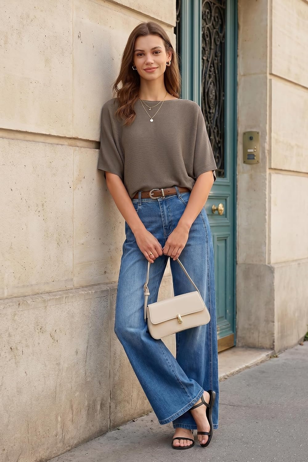 image:imageArachampCloz Womens Oversized Batwing Sleeve Business Casual Sweater TopsCoffee