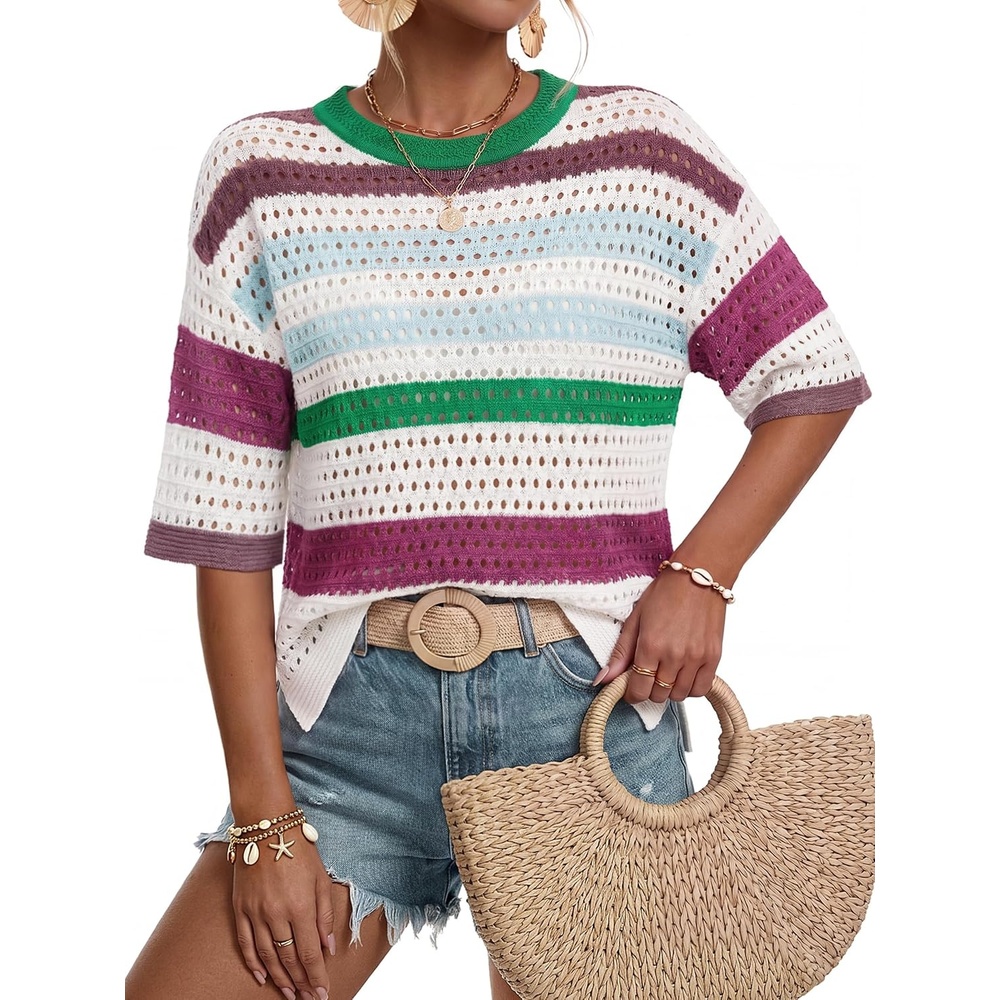 image:imageArachampCloz Womens Linen Blend Oversized Hollow Out Summer Crochet TopsStriped Green White
