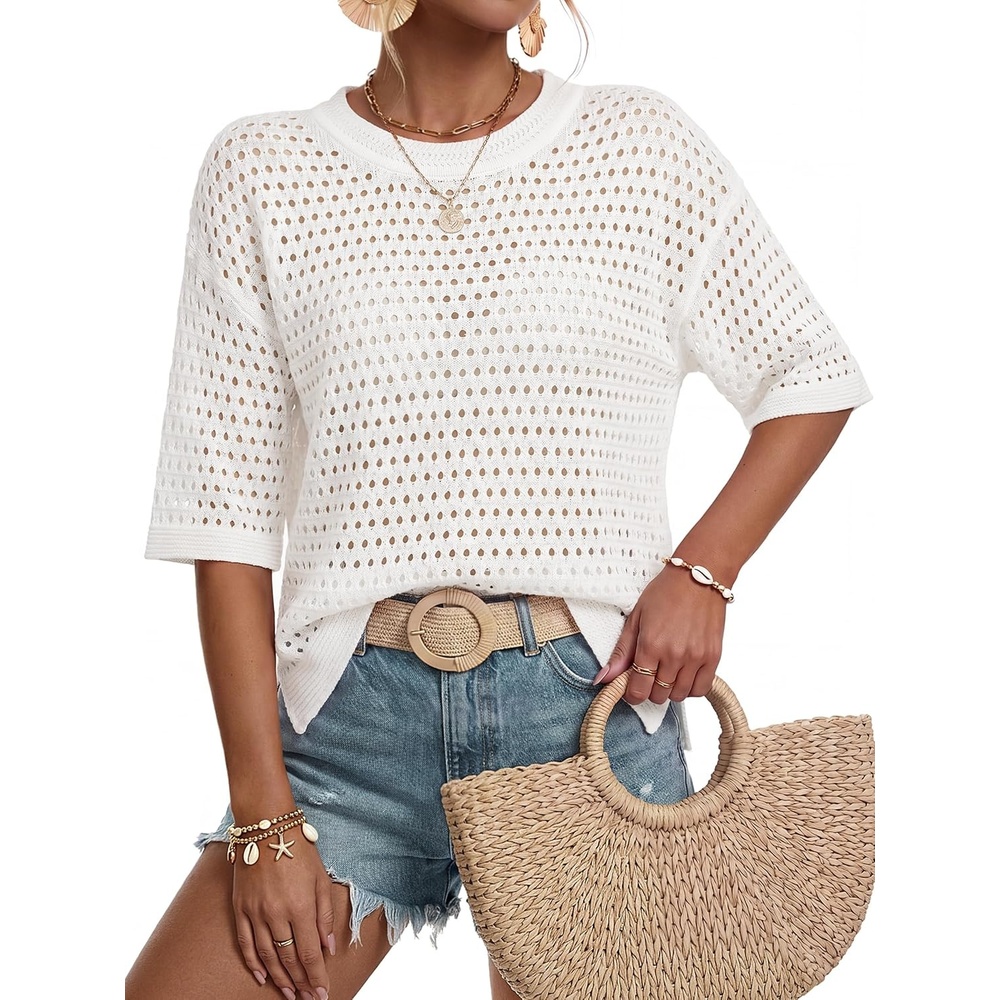 image:imageArachampCloz Womens Linen Blend Oversized Hollow Out Summer Crochet TopsWhite