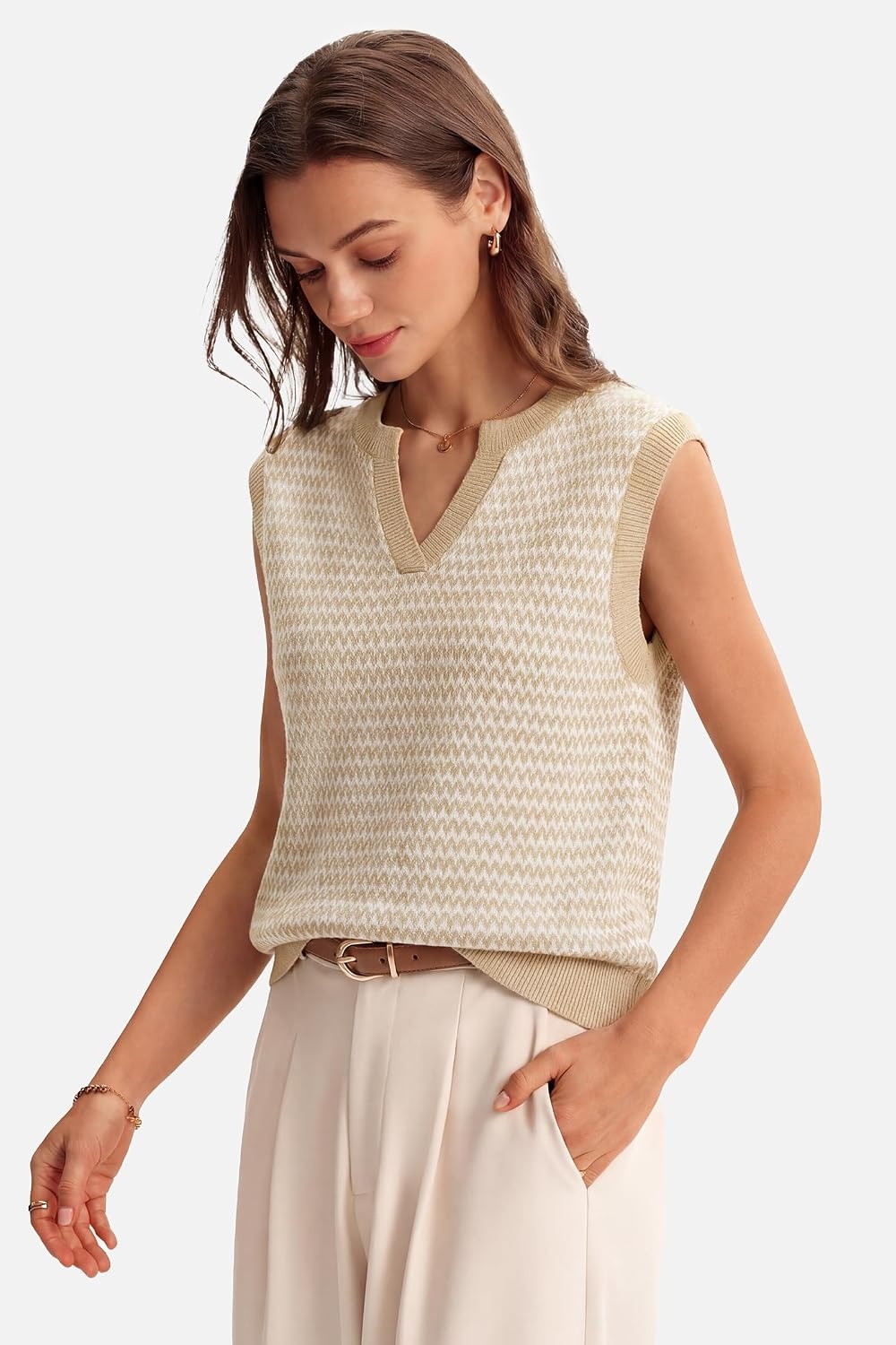 image:imageArachampCloz Womens Polo V Neck Striped Fall Business Casual Sweater VestApricot