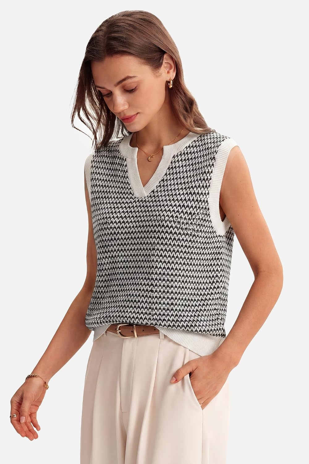 image:imageArachampCloz Womens Polo V Neck Striped Fall Business Casual Sweater VestBlack