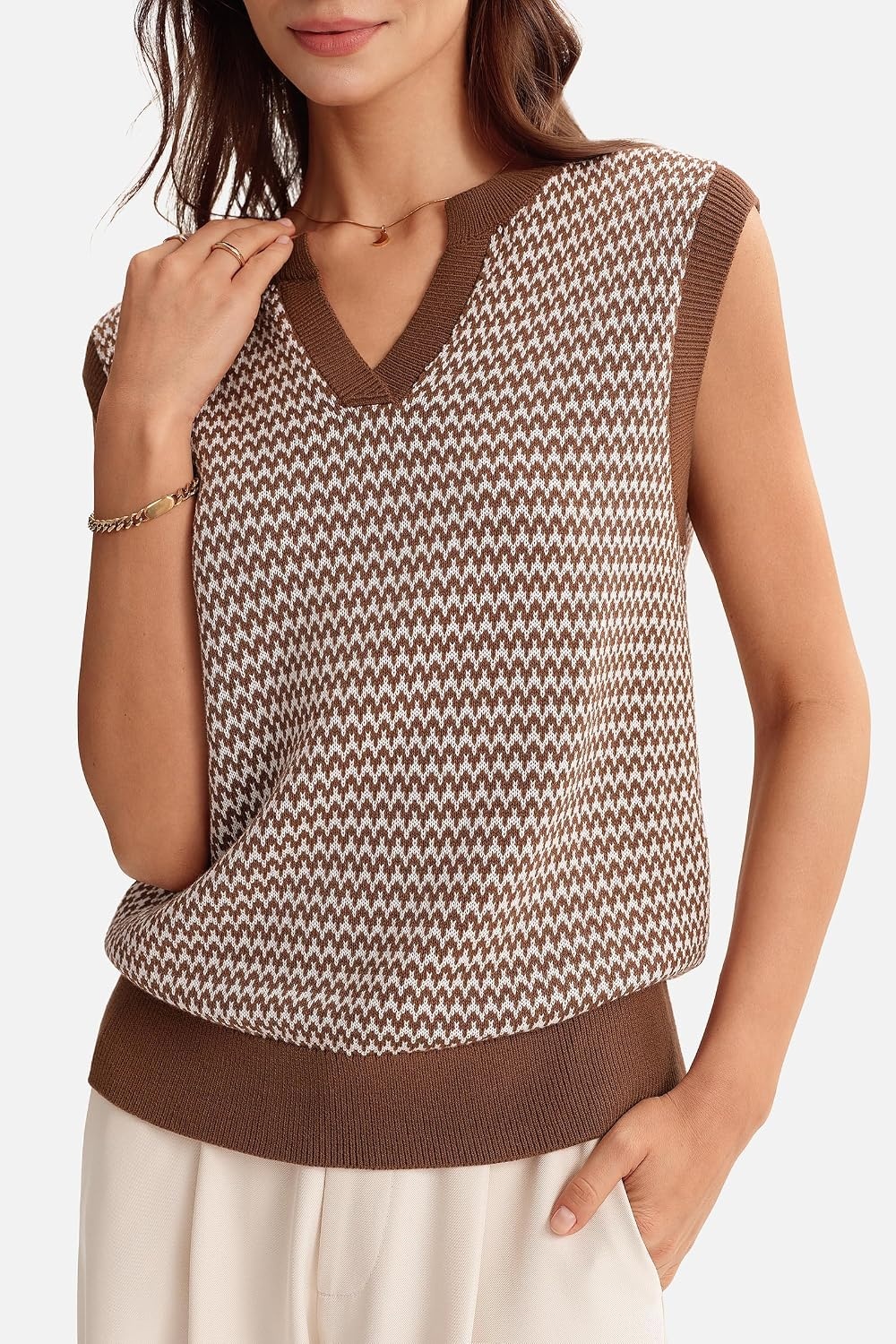 image:imageArachampCloz Womens Polo V Neck Striped Fall Business Casual Sweater VestBrown