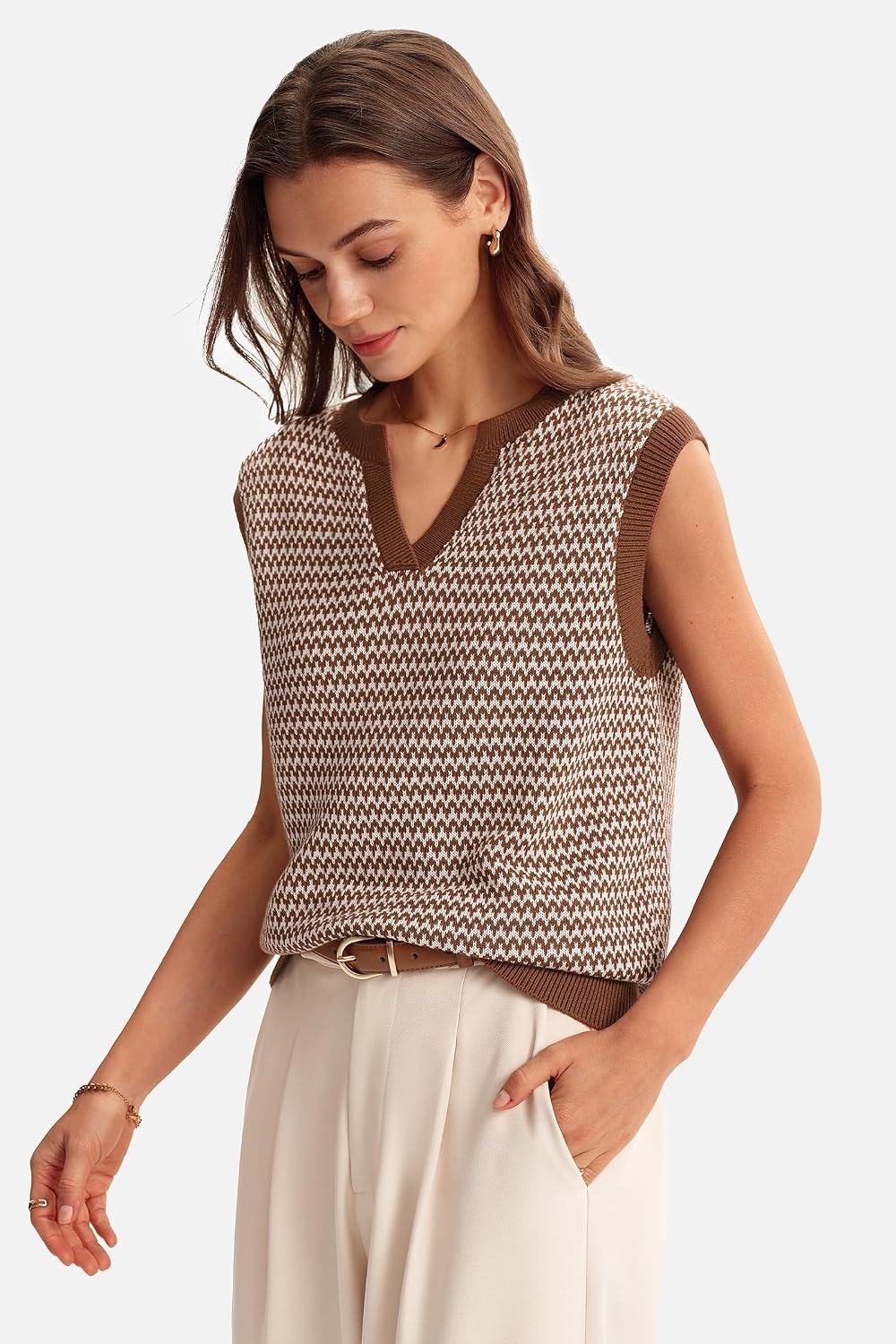 image:imageArachampCloz Womens Polo V Neck Striped Fall Business Casual Sweater VestBrown
