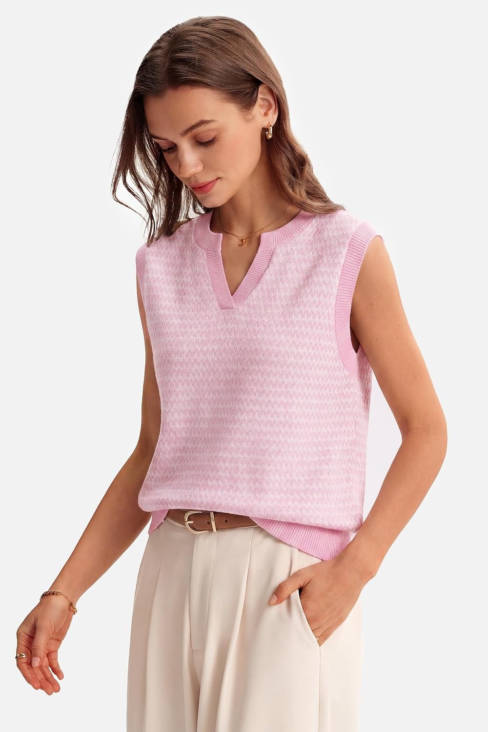 image:imageArachampCloz Womens Polo V Neck Striped Fall Business Casual Sweater VestLight Pink