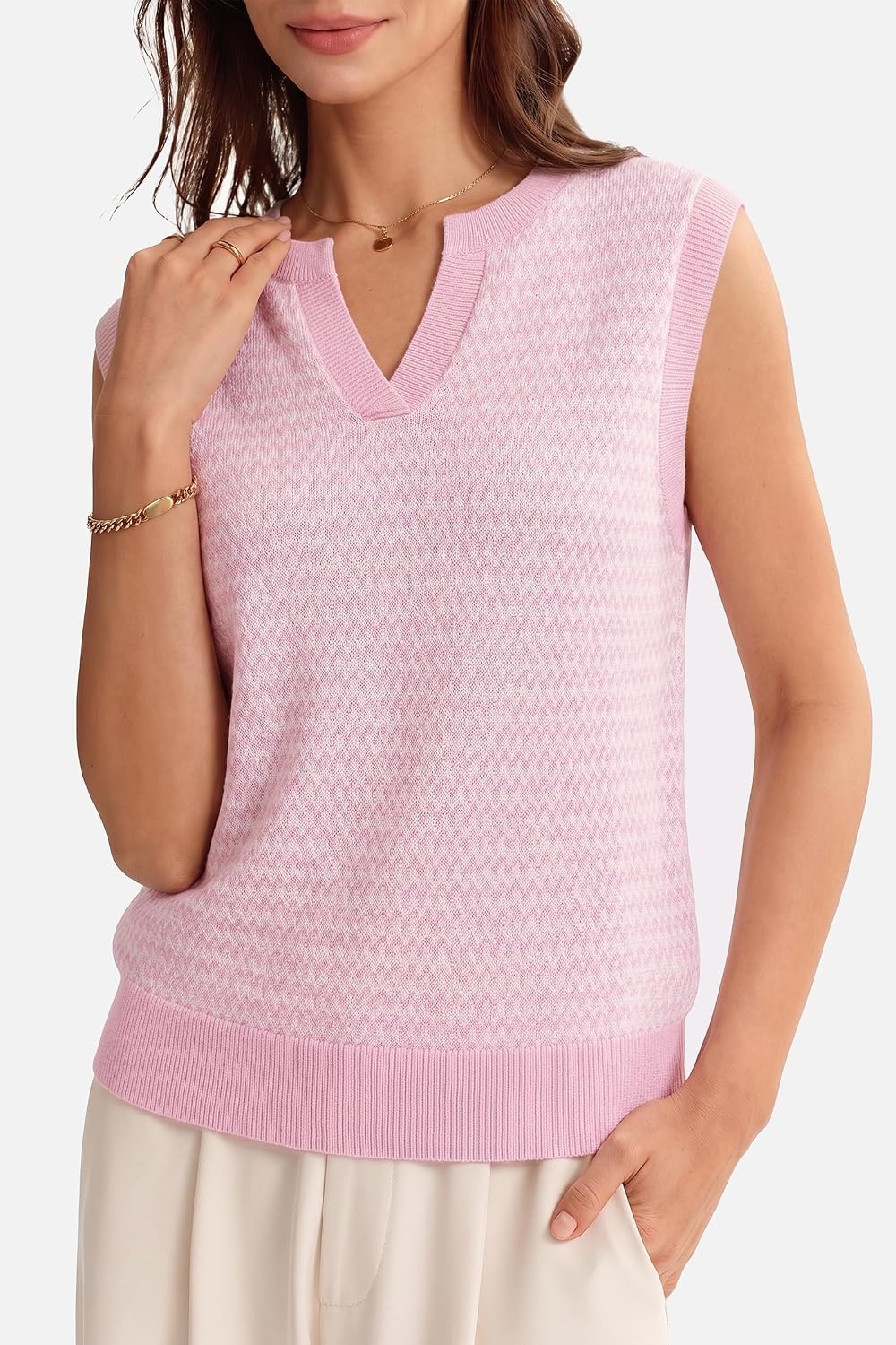 image:imageArachampCloz Womens Polo V Neck Striped Fall Business Casual Sweater VestLight Pink
