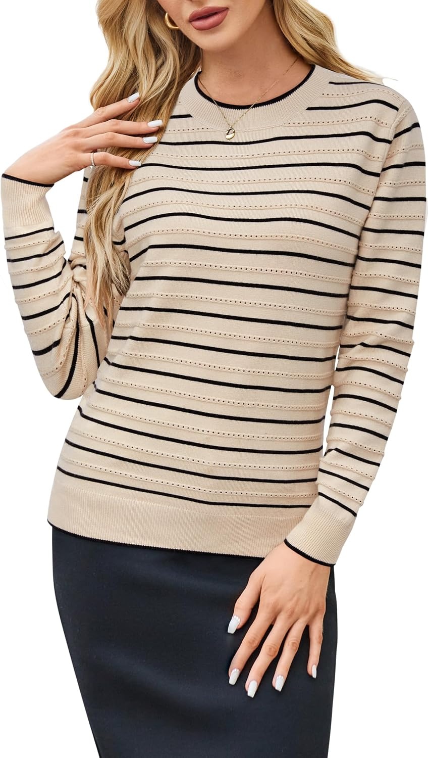 image:imageArachampCloz Womens Soft Knit Fall Winter Sweater Business Casual Basic TopsStriped Apricot Black
