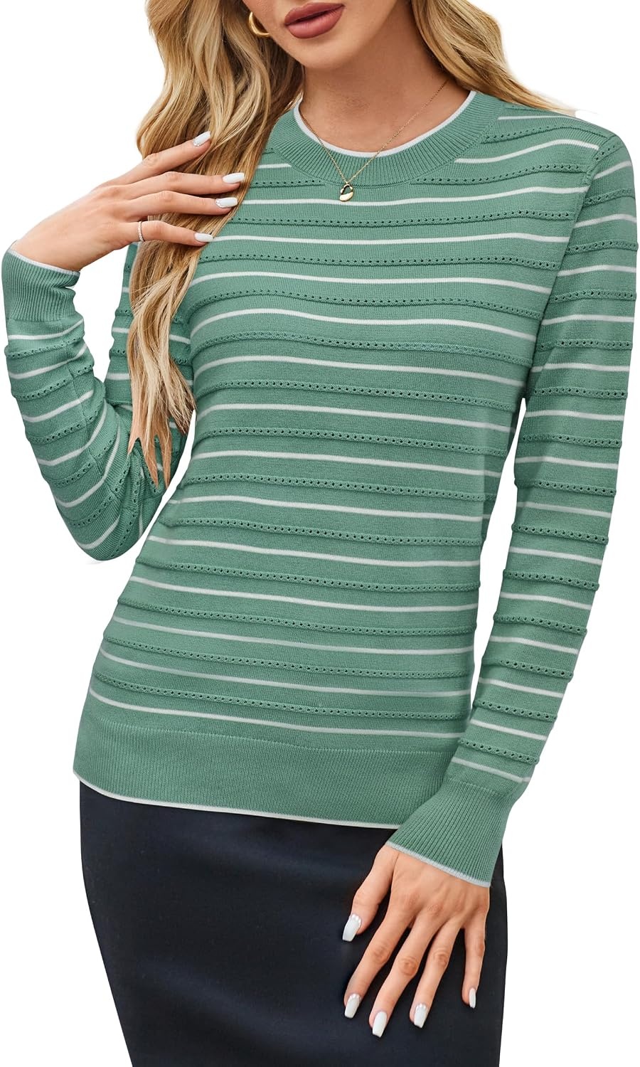 image:imageArachampCloz Womens Soft Knit Fall Winter Sweater Business Casual Basic TopsStriped Green White
