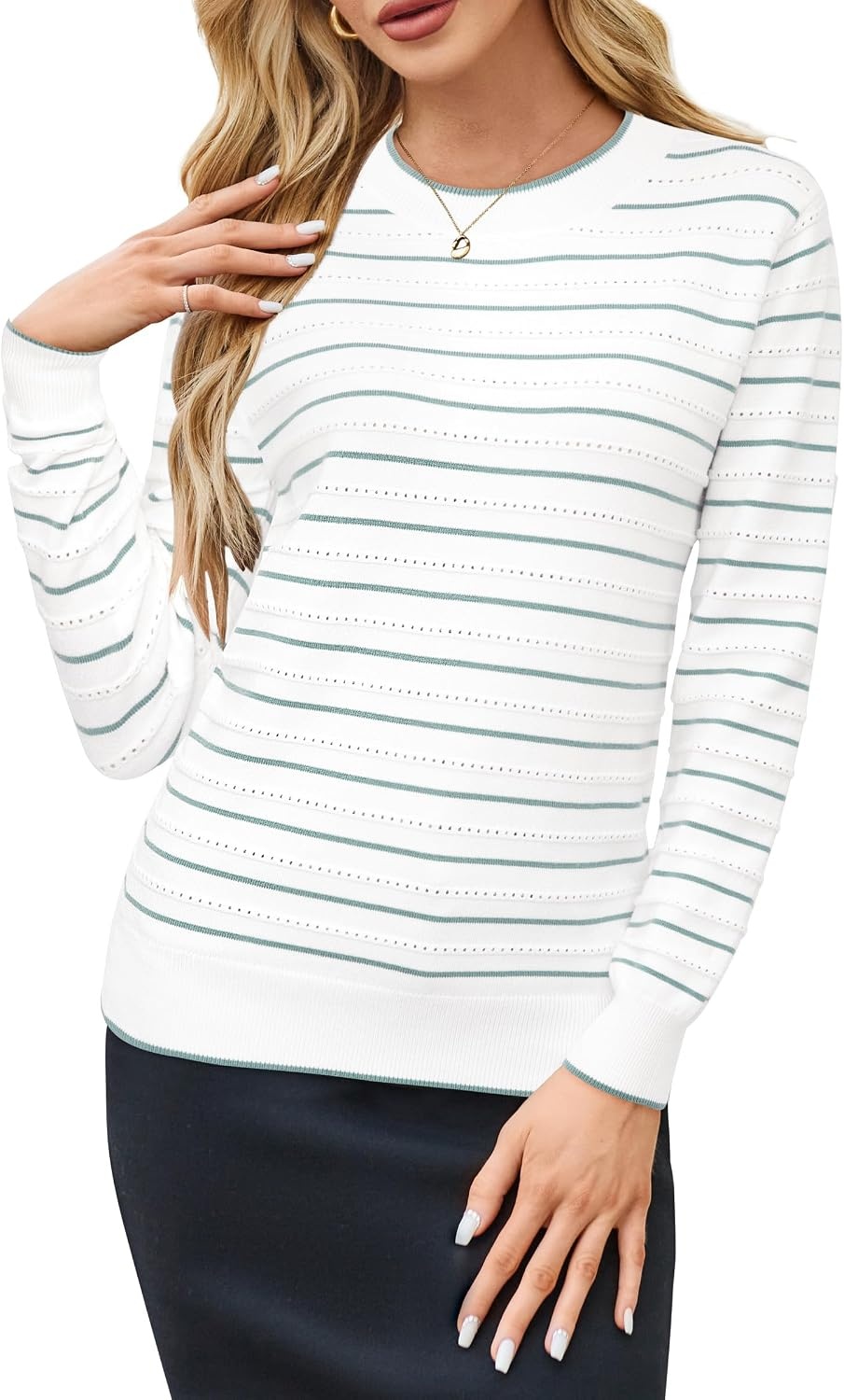 image:imageArachampCloz Womens Soft Knit Fall Winter Sweater Business Casual Basic TopsStriped White Green