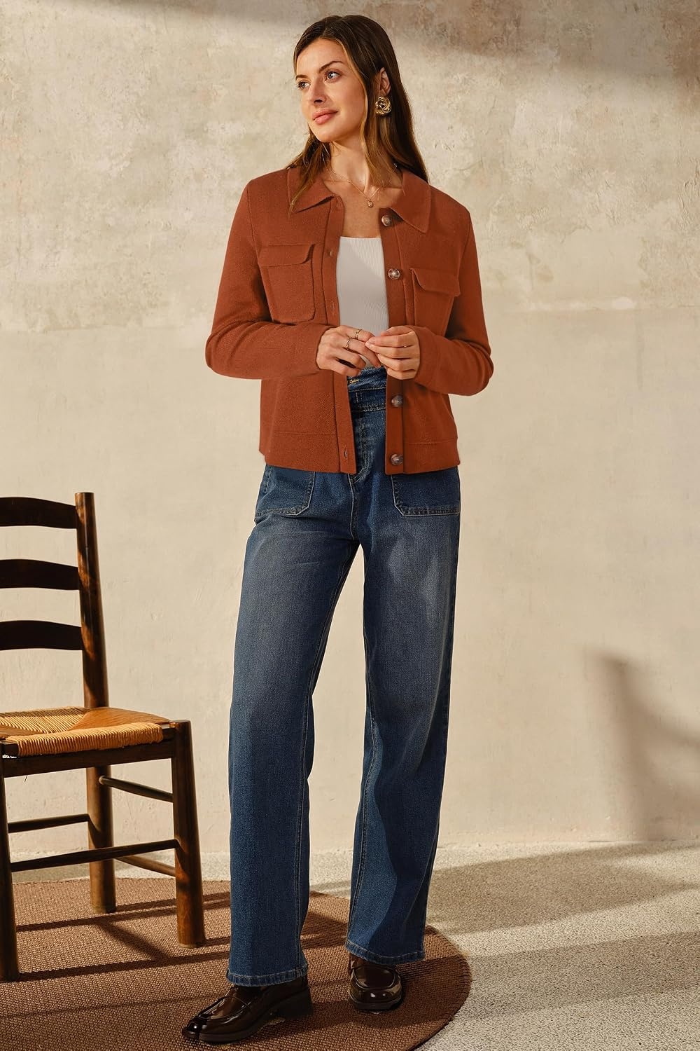 image:imageArachampCloz Womens Wool Blend Cropped Sweater Cardigan JacketBrick Red
