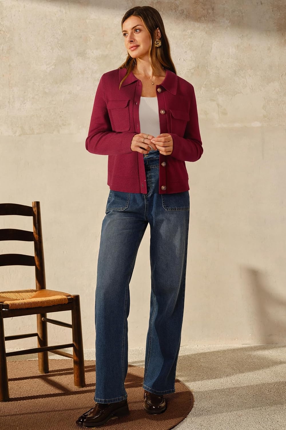 image:imageArachampCloz Womens Wool Blend Cropped Sweater Cardigan JacketRed