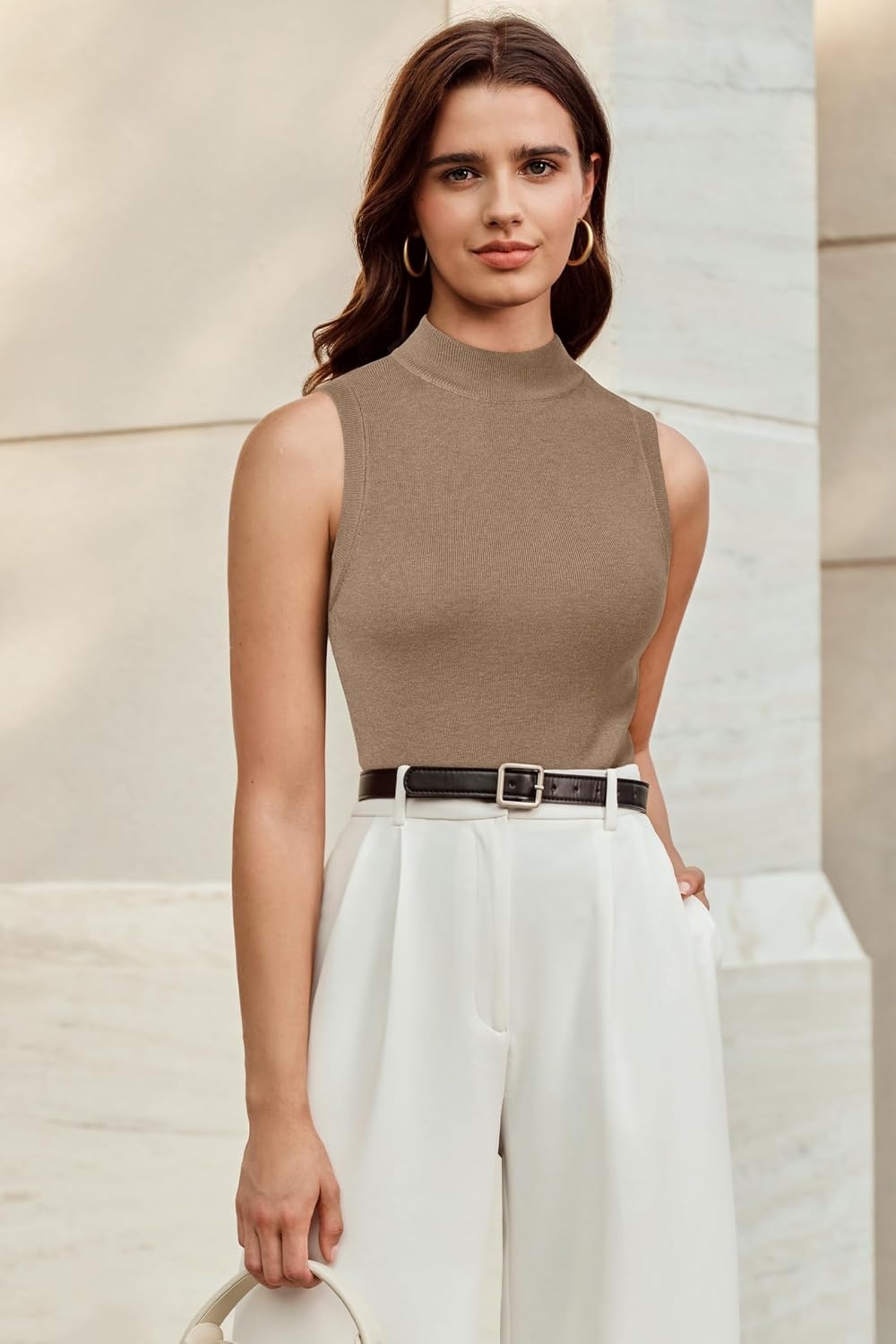 image:imageArachampCloz Womens Wool Blend Mock Neck Fall Business Casual Sweater TankCamel
