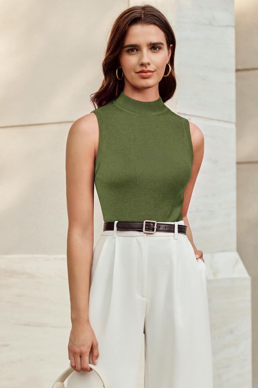 image:imageArachampCloz Womens Wool Blend Mock Neck Fall Business Casual Sweater TankOlive Green