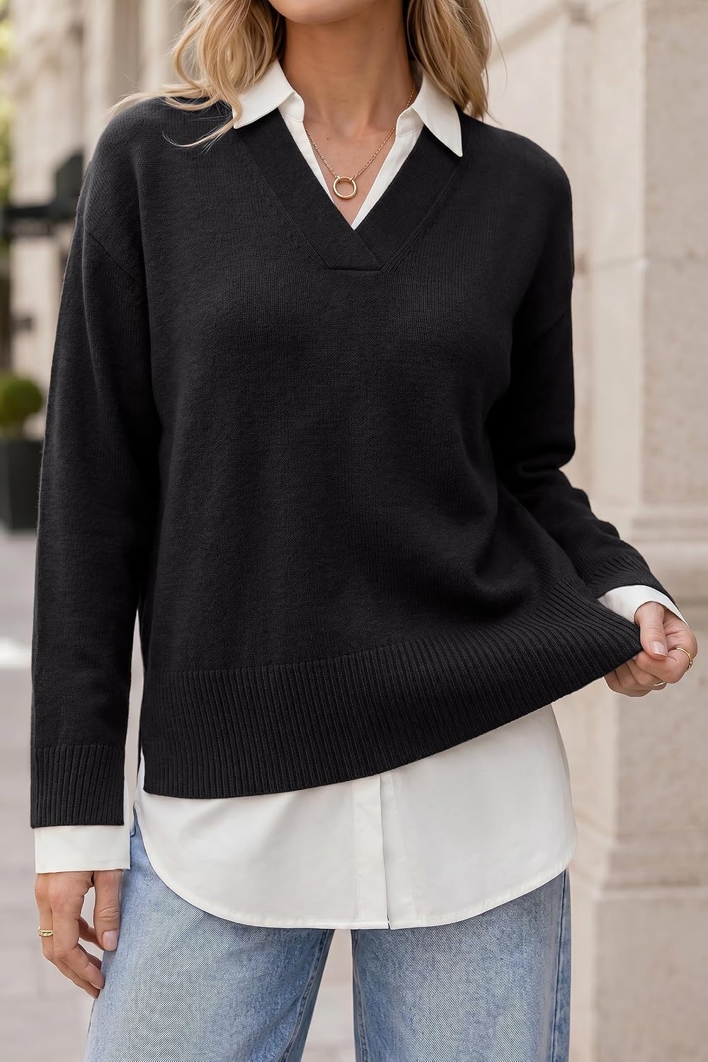 image:imageArachampCloz Womens Wool Blend Oversized 2 in 1 Fall Work Sweater TopsBlack
