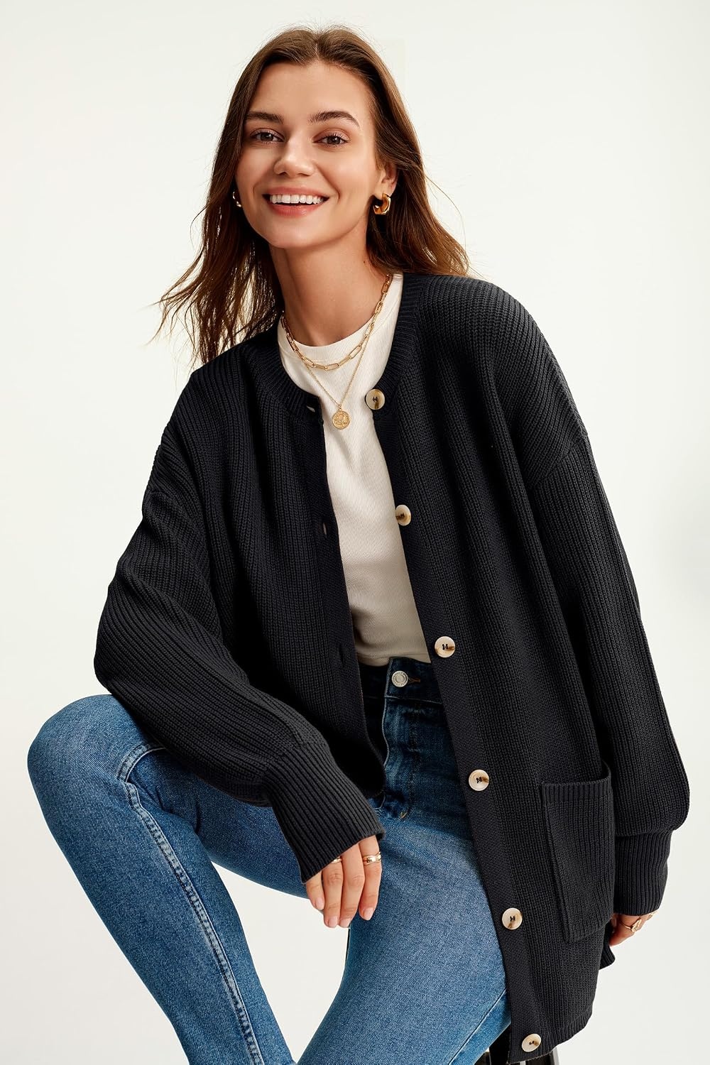 image:imageArachampCloz Womens Wool Blend Oversized Chunky Knit Fall Work CardigansBlack