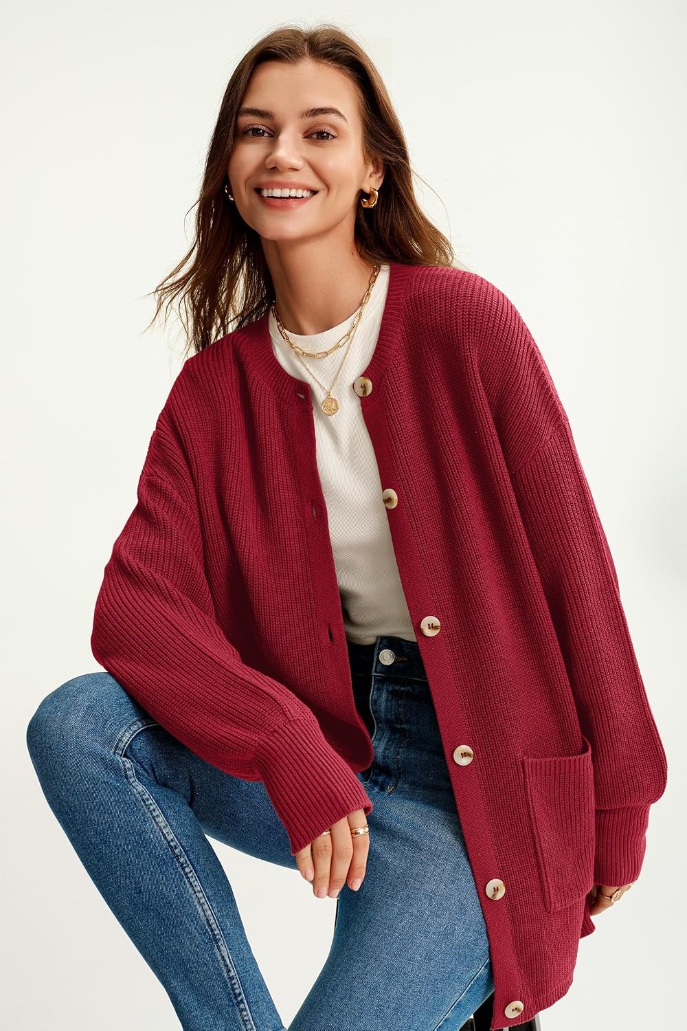 image:imageArachampCloz Womens Wool Blend Oversized Chunky Knit Fall Work CardigansRed
