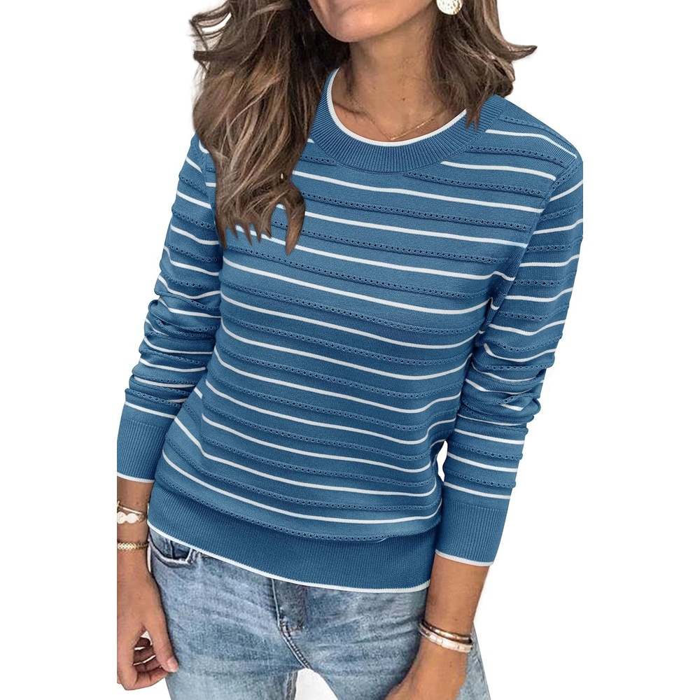 image:imageArachampCloz Womens Soft Knit Fall Winter Sweater Business Casual Basic TopsStriped Blue White