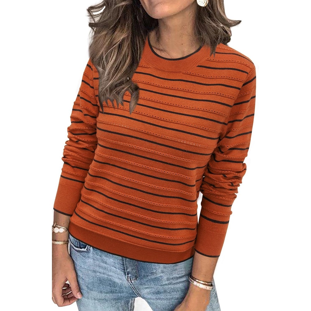 image:imageArachampCloz Womens Soft Knit Fall Winter Sweater Business Casual Basic TopsStriped Pumpkin Black
