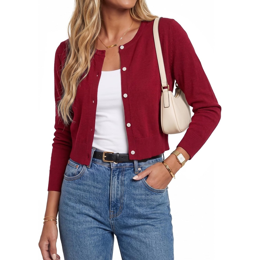 image:imageArachampCloz Womens Wool Blend Cropped Crewneck Fall Work Cardigan SweatersBurgundy