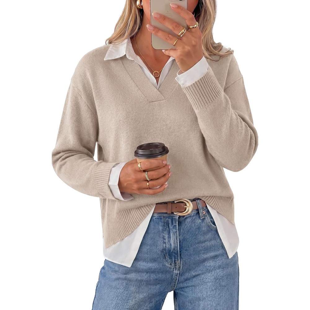 image:imageArachampCloz Womens Wool Blend Oversized 2 in 1 Fall Work Sweater TopsOatmeal