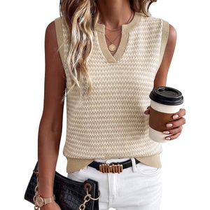 Arach&Cloz Women’s Polo V Neck Striped Fall Business Casual Sweater Vest(Apricot)