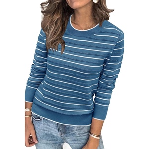 Arach&Cloz Women’s Soft Knit Fall Winter Sweater Business Casual Basic Tops(Striped Blue White)