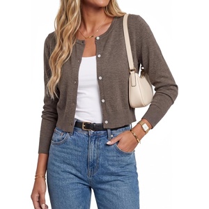Arach&Cloz Women’s Wool Blend Cropped Crewneck Fall Work Cardigan Sweaters(Coffee)