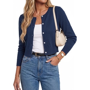 Arach&Cloz Women’s Wool Blend Cropped Crewneck Fall Work Cardigan Sweaters(Navy Blue)