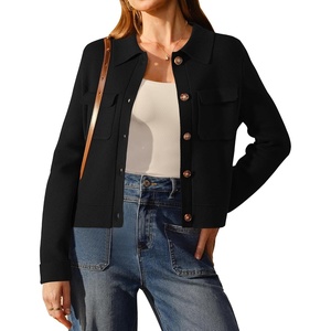 Arach&Cloz Women’s Wool Blend Cropped Sweater Cardigan Jacket(Black)