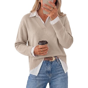 Arach&Cloz Women’s Wool Blend Oversized 2 in 1 Fall Work Sweater Tops(Oatmeal)