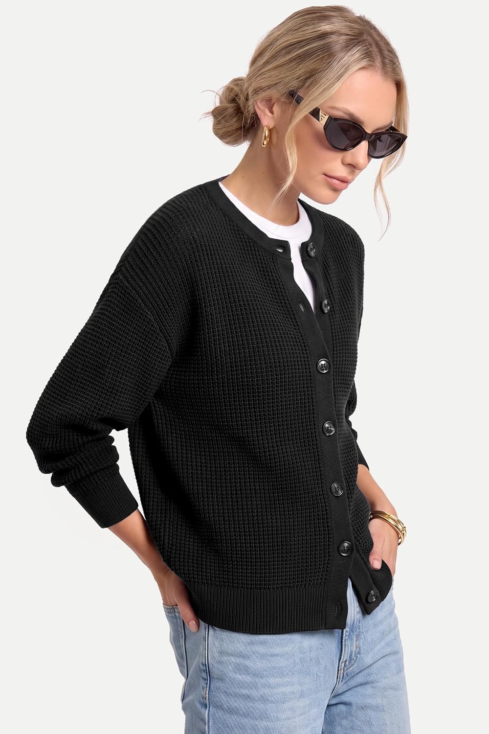 image:imageArachampCloz Womens Chunky Knit Button Up Fall Casual Work Cardigan SweatersBlack