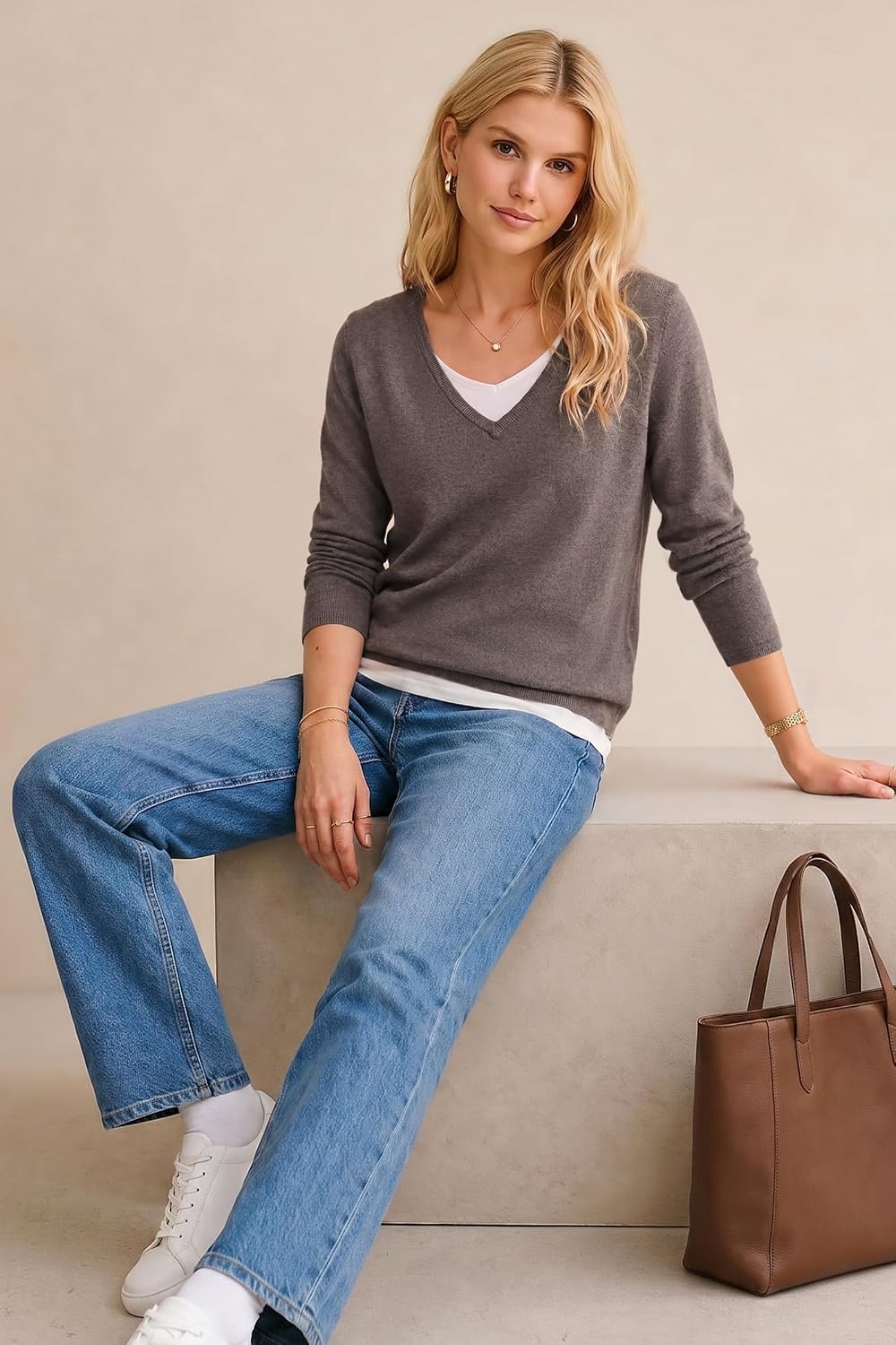 image:imageArachampCloz Womens Wool Blend 2 in 1 Patchwork V Neck Casual Sweater TopsCoffee