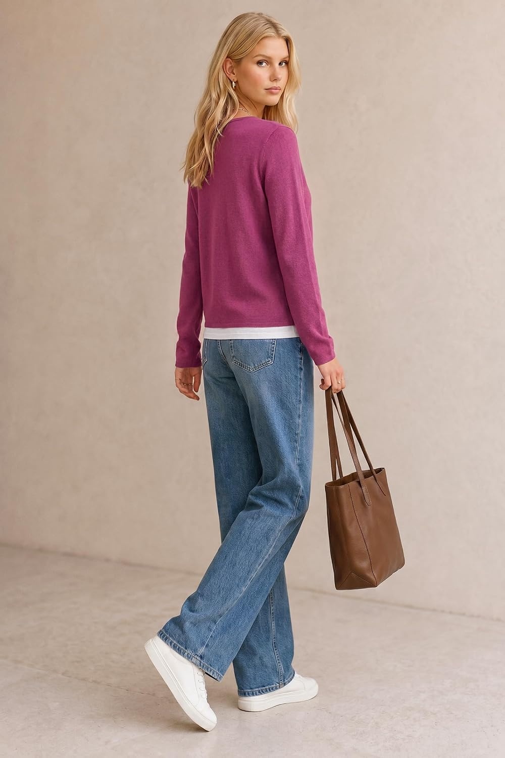 image:imageArachampCloz Womens Wool Blend 2 in 1 Patchwork V Neck Casual Sweater TopsFuchsia