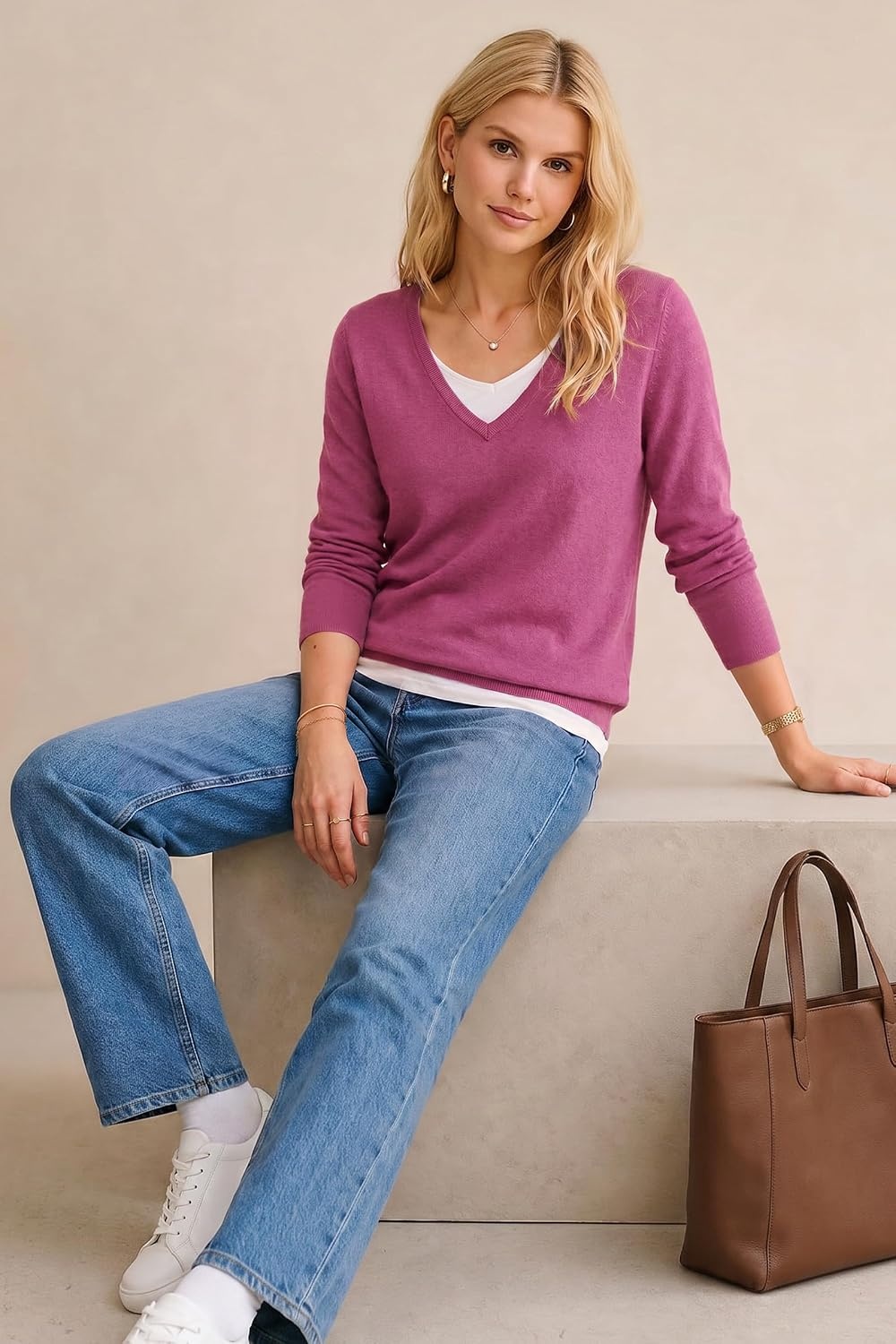 image:imageArachampCloz Womens Wool Blend 2 in 1 Patchwork V Neck Casual Sweater TopsFuchsia