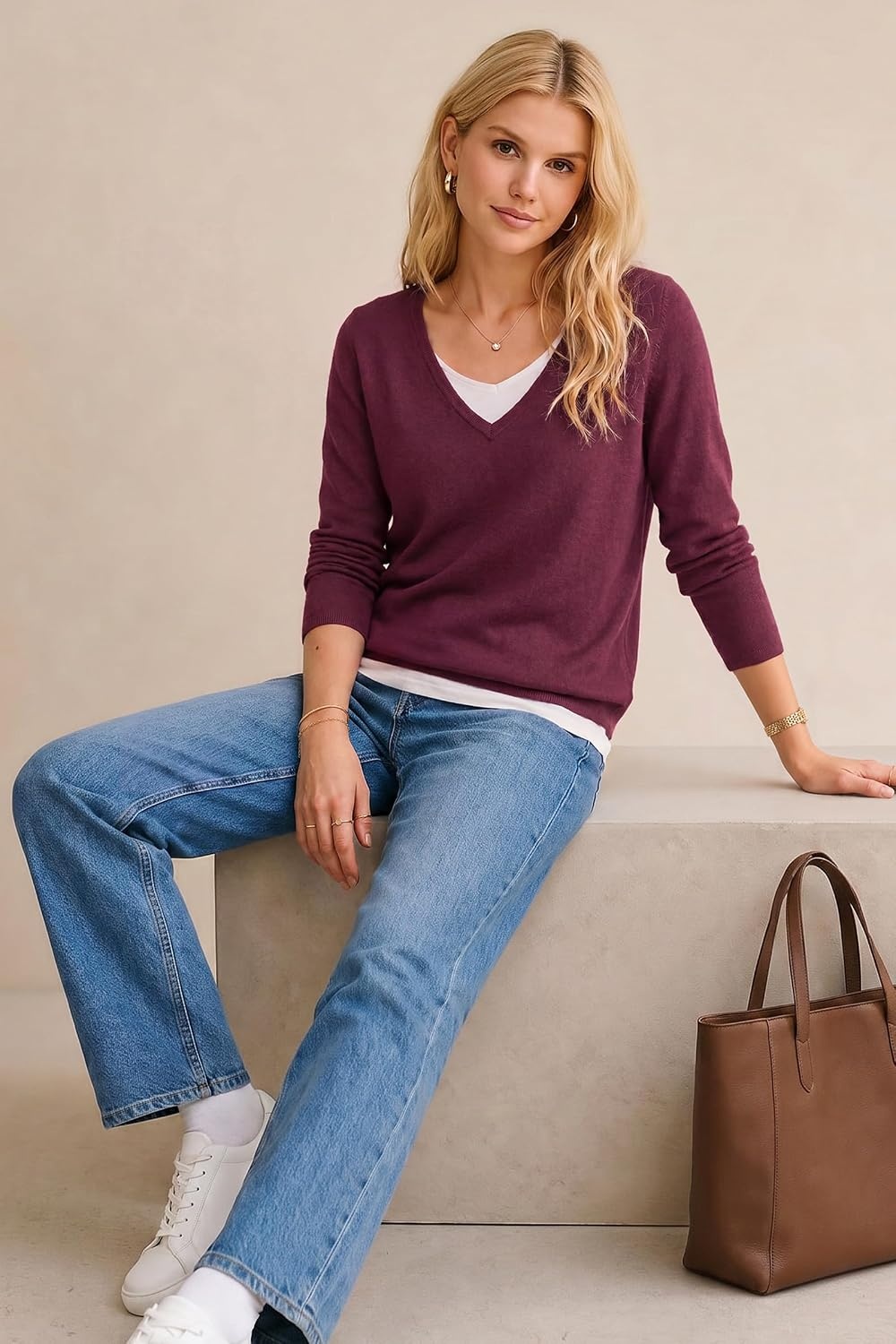 image:imageArachampCloz Womens Wool Blend 2 in 1 Patchwork V Neck Casual Sweater TopsWine Red