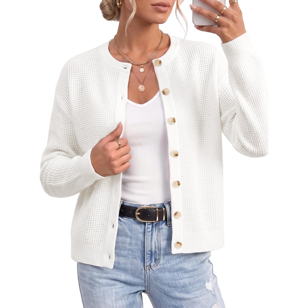 image:imageArachampCloz Womens Chunky Knit Button Up Fall Casual Work Cardigan SweatersWhite
