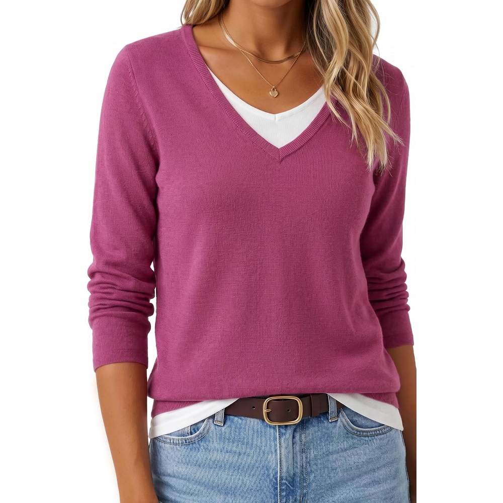 image:imageArachampCloz Womens Wool Blend 2 in 1 Patchwork V Neck Casual Sweater TopsFuchsia