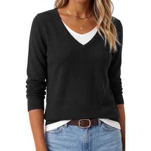 Arach&Cloz Women’s Wool Blend 2 in 1 Patchwork V Neck Casual Sweater Tops(Black)