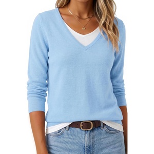 Arach&Cloz Women’s Wool Blend 2 in 1 Patchwork V Neck Casual Sweater Tops(Light Blue)