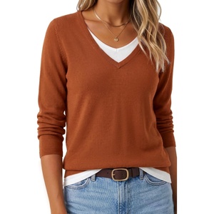Arach&Cloz Women’s Wool Blend 2 in 1 Patchwork V Neck Casual Sweater Tops(Terracotta)
