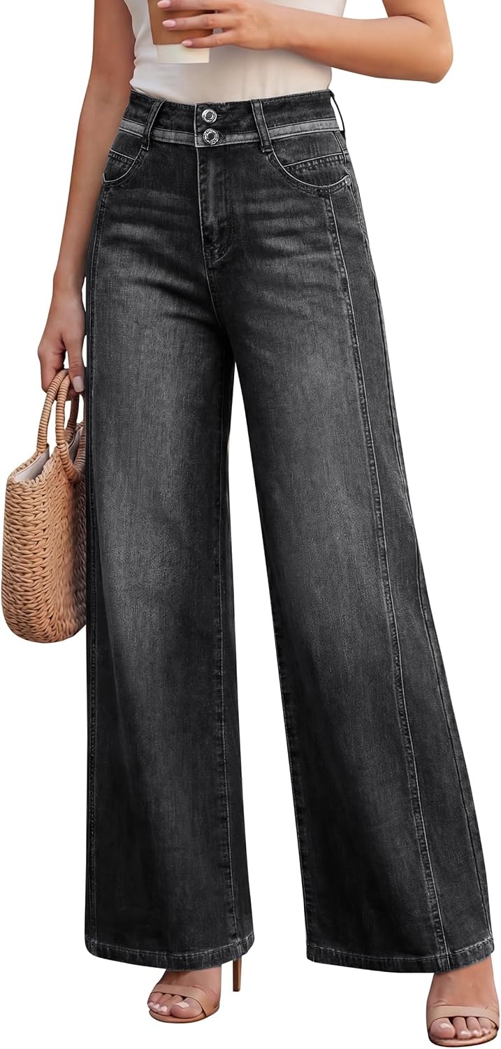 image:imageArachampCloz Womens Contrast Waistband Fall Business Casual Wide Leg JeansBlack