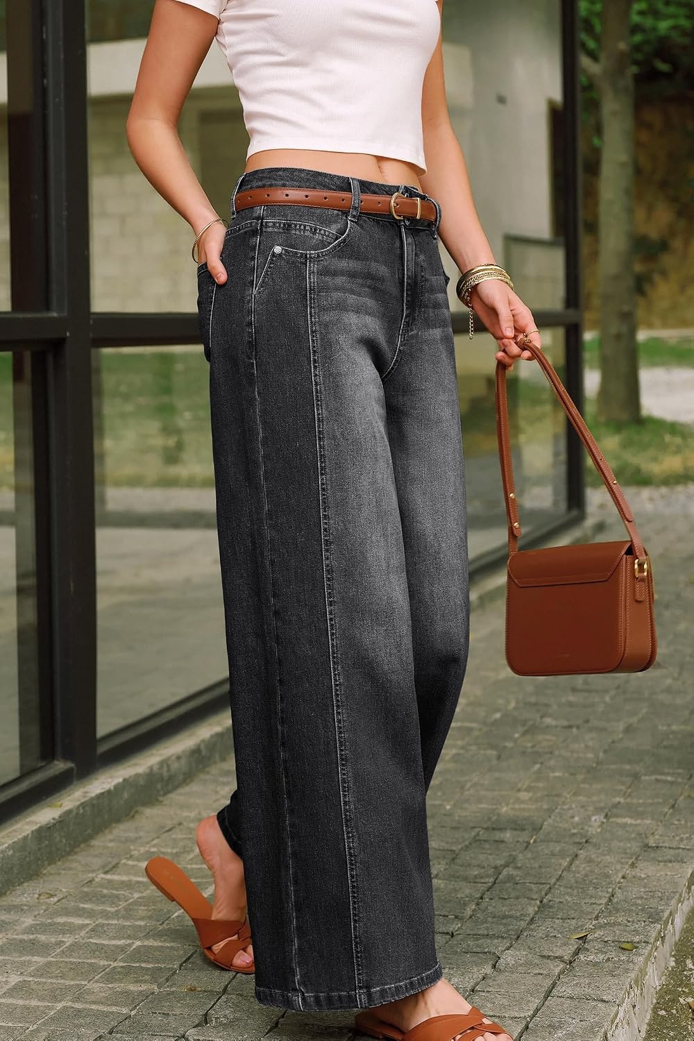 image:imageArachampCloz Womens Contrast Waistband Fall Business Casual Wide Leg JeansBlack