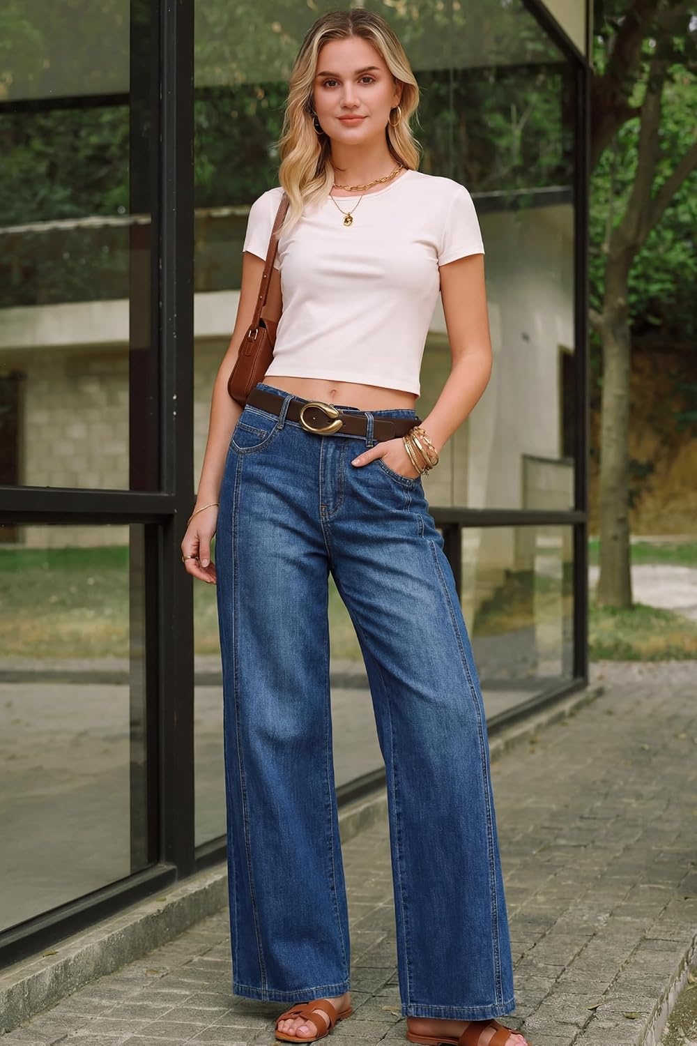 image:imageArachampCloz Womens Contrast Waistband Fall Business Casual Wide Leg JeansDark Blue