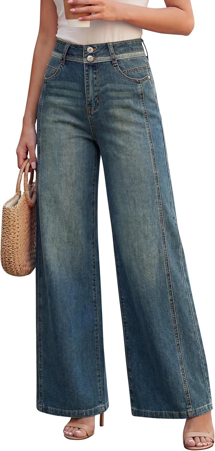 image:imageArachampCloz Womens Contrast Waistband Fall Business Casual Wide Leg JeansRetro Blue
