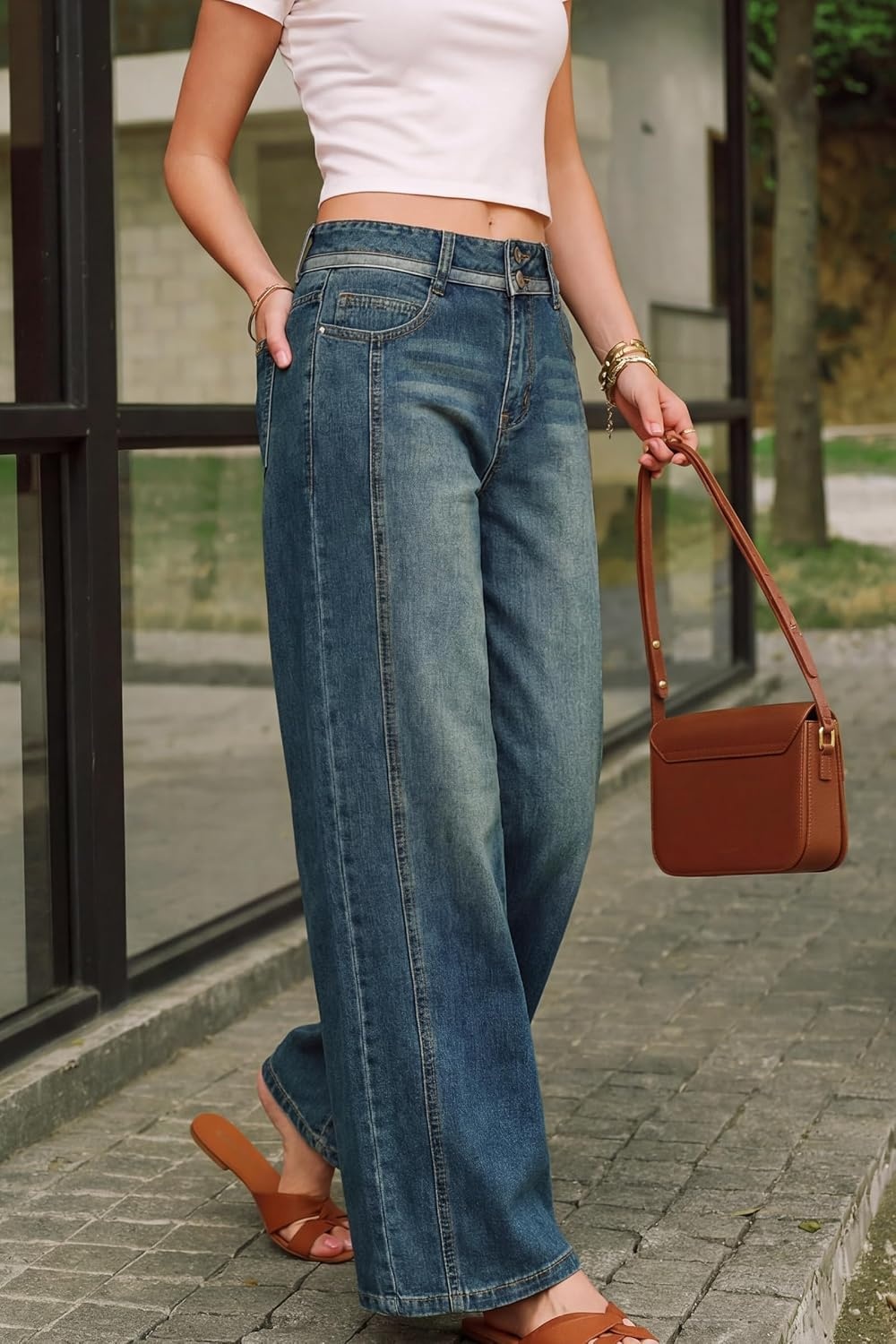 image:imageArachampCloz Womens Contrast Waistband Fall Business Casual Wide Leg JeansRetro Blue
