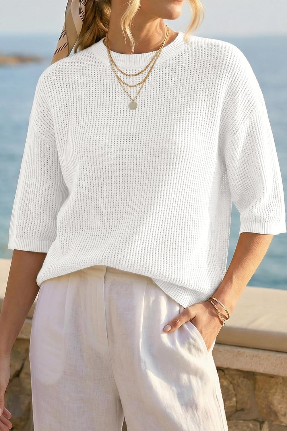 image:imageArachampCloz Womens Oversized 34 Sleeve Crochet Tops Summer Casual SweaterBeige
