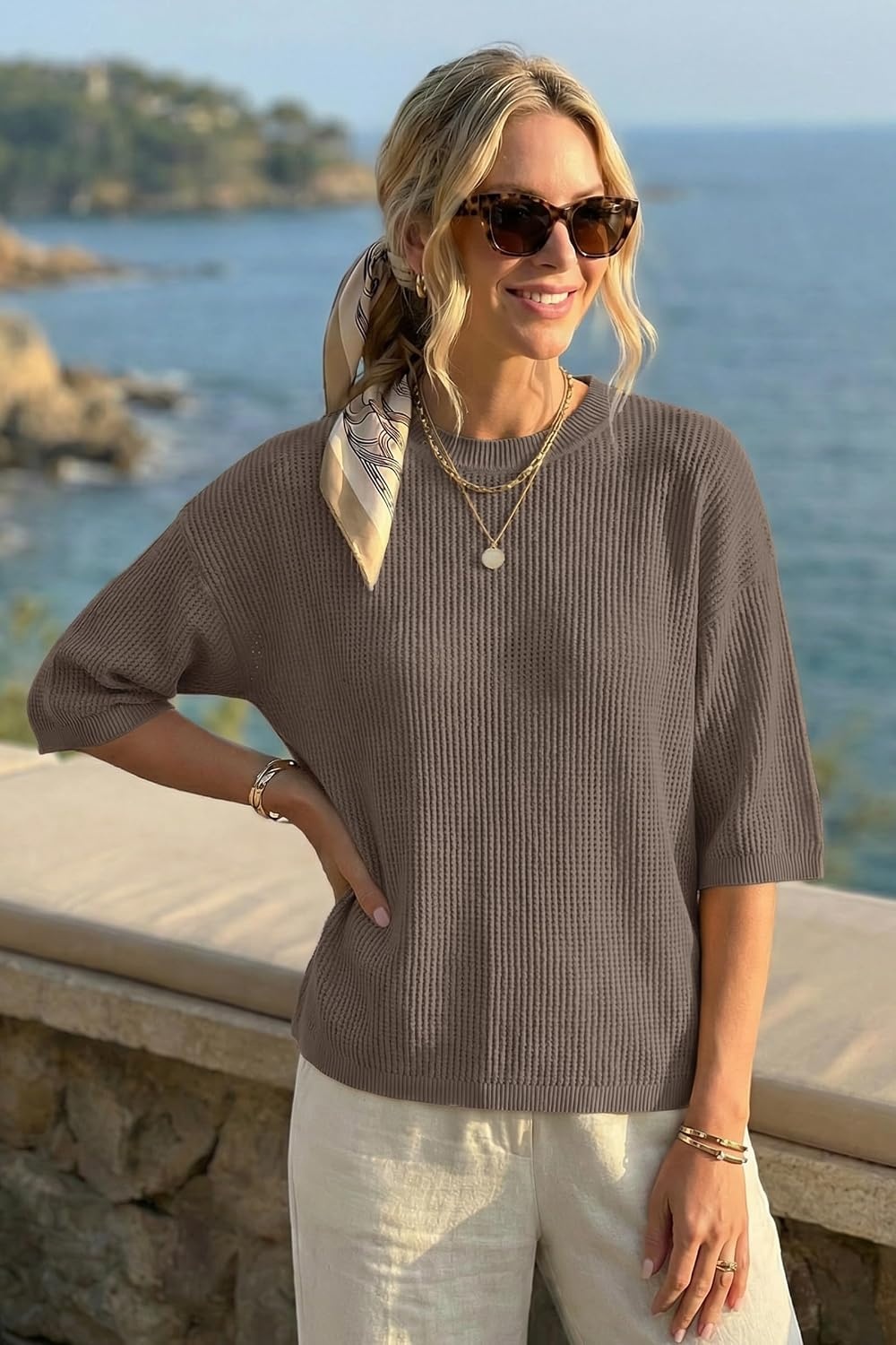 image:imageArachampCloz Womens Oversized 34 Sleeve Crochet Tops Summer Casual SweaterCoffee