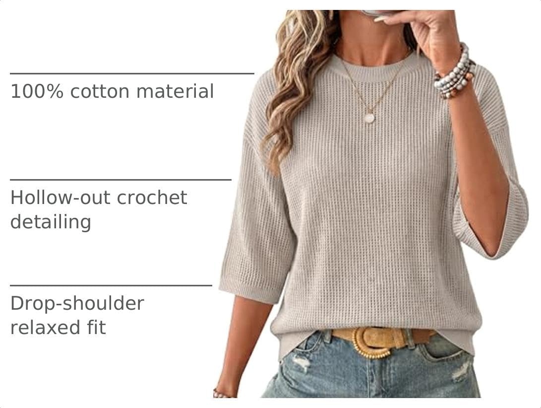 image:imageArachampCloz Womens Oversized 34 Sleeve Crochet Tops Summer Casual SweaterGrey