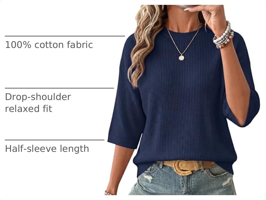 image:imageArachampCloz Womens Oversized 34 Sleeve Crochet Tops Summer Casual SweaterNavy