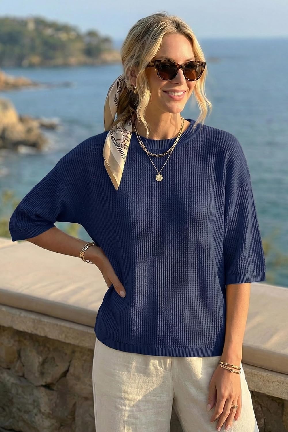 image:imageArachampCloz Womens Oversized 34 Sleeve Crochet Tops Summer Casual SweaterNavy